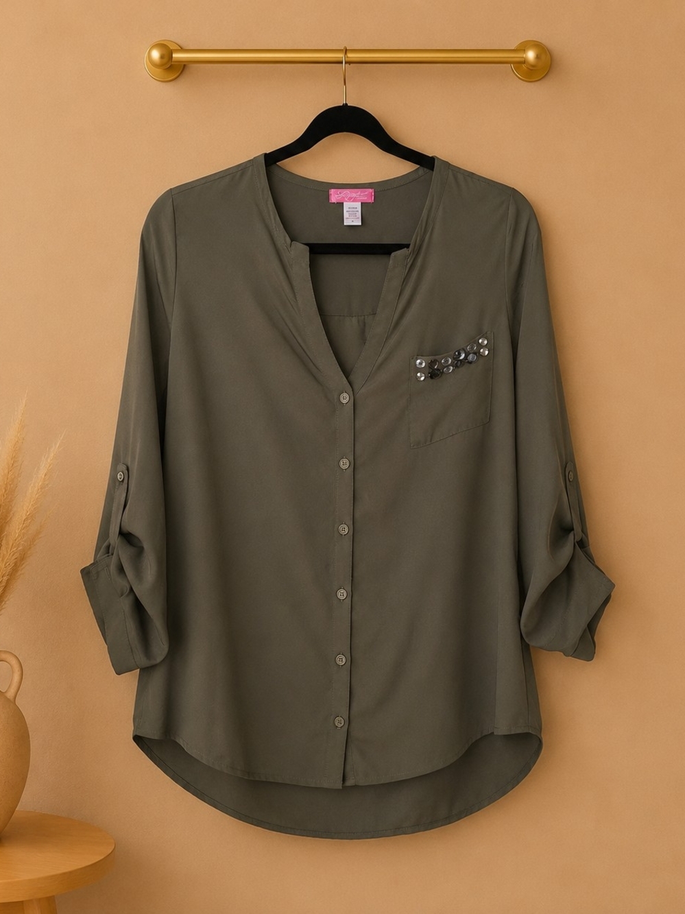 Embellished Olive Green Button-Down Shirt - Women's Relaxed Fit